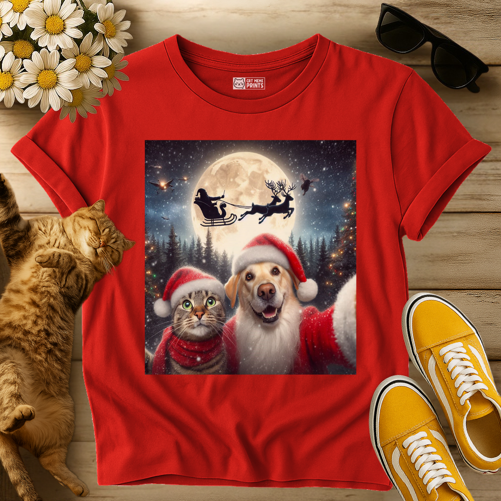 Cat & Dog Selfie with Santa Claus T-Shirt