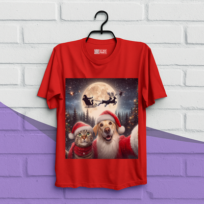 Cat and Dog Selfie with Santa Claus Christmas T-Shirt