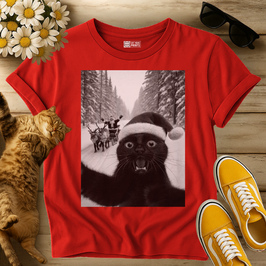 Black Cat Selfie with Santa T-Shirt