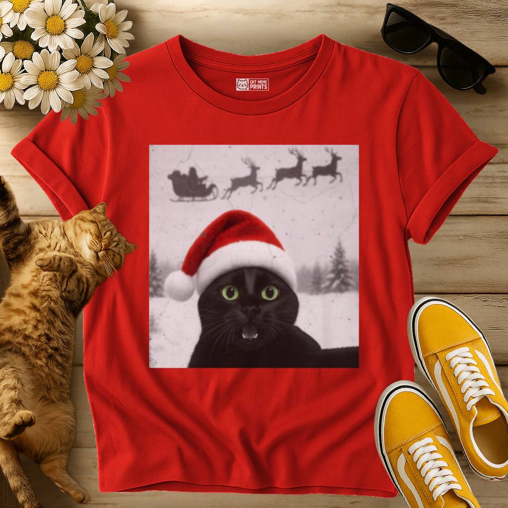 Black Cat Selfie with Santa Sleigh T-Shirt