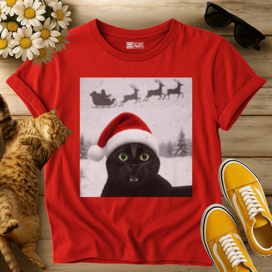 Black Cat Selfie with Santa Sleigh T-Shirt
