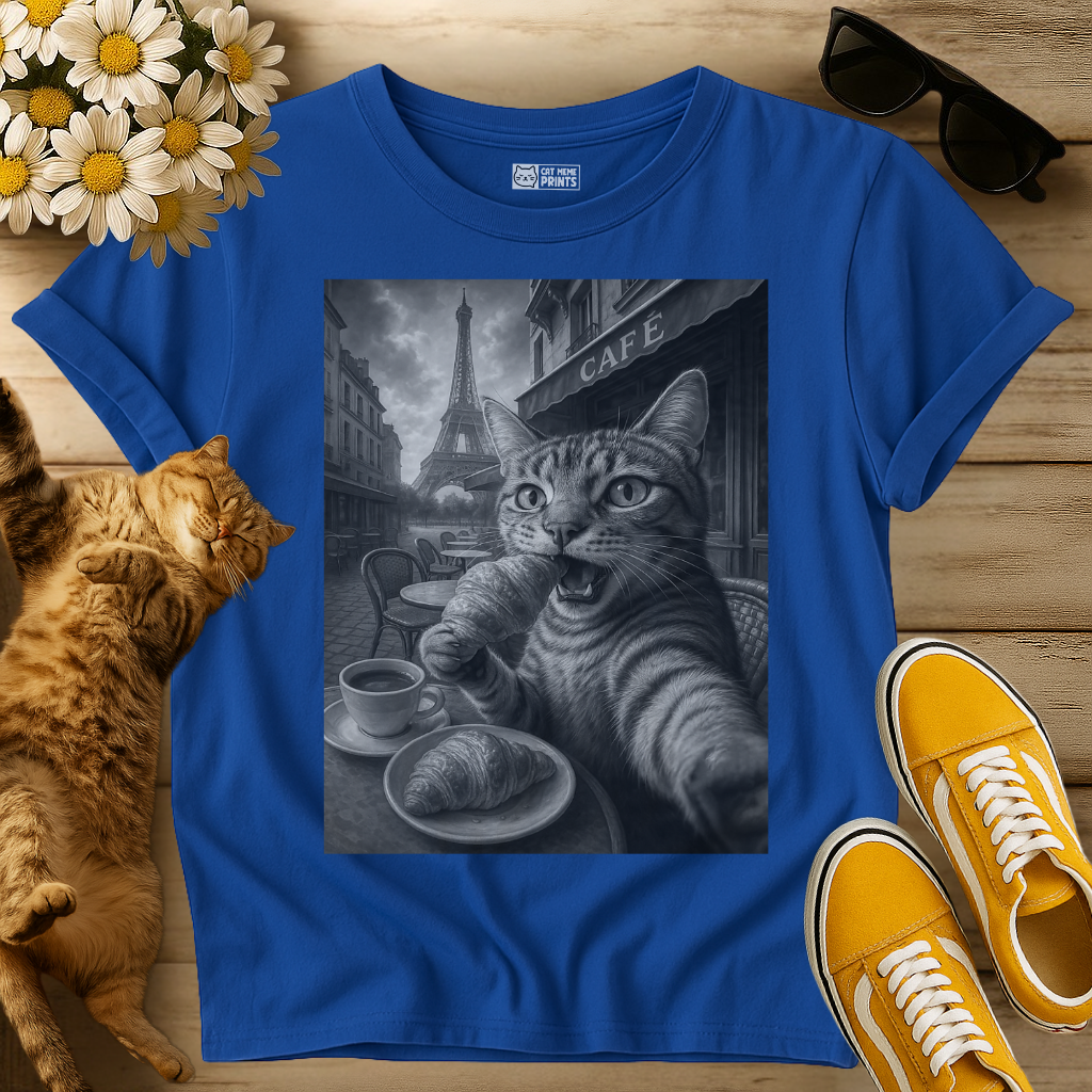 Paris Cat Selfie Eating Croissant by Eiffel Tower T-Shirt