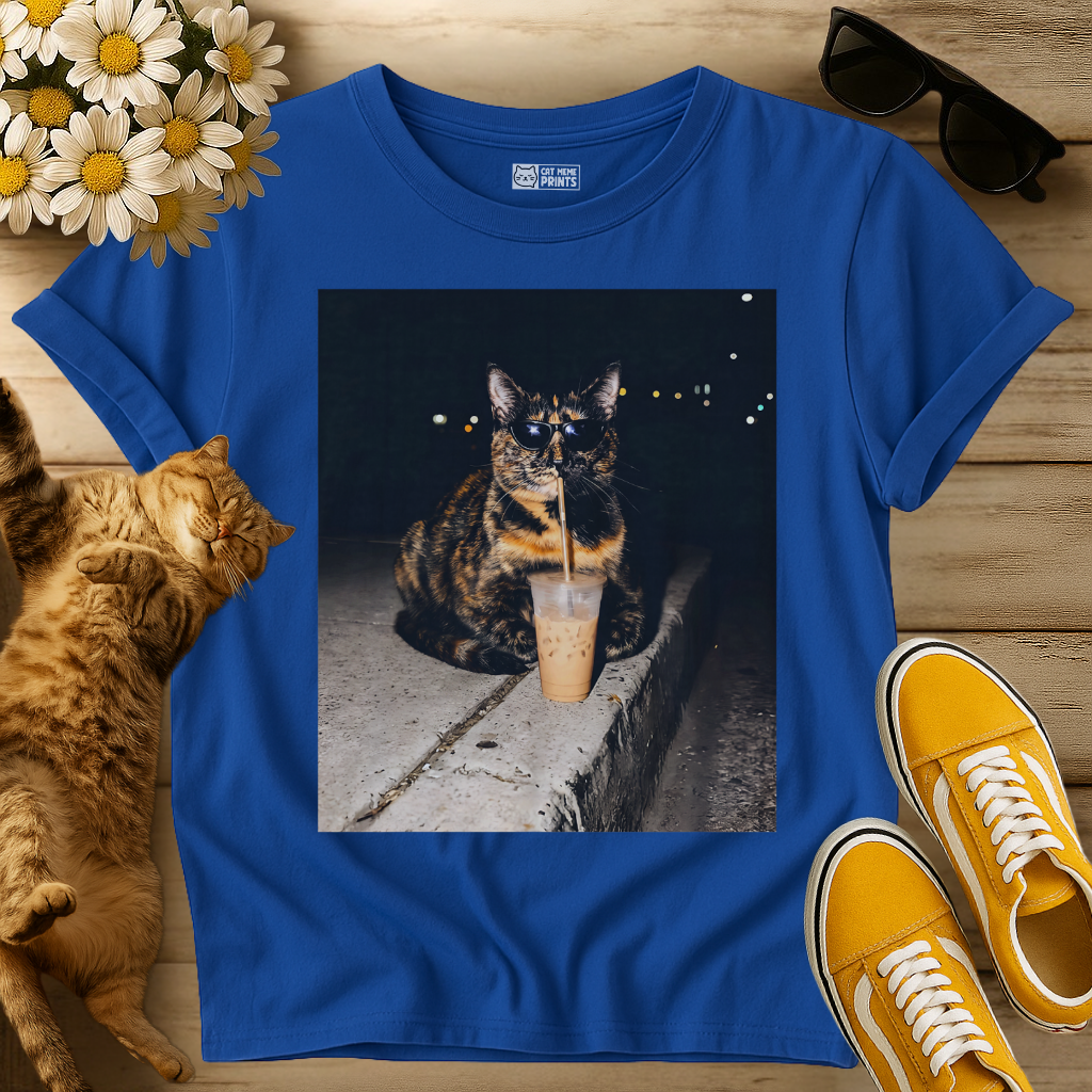 Tortoiseshell Cat Drinking Iced Coffee T-Shirt