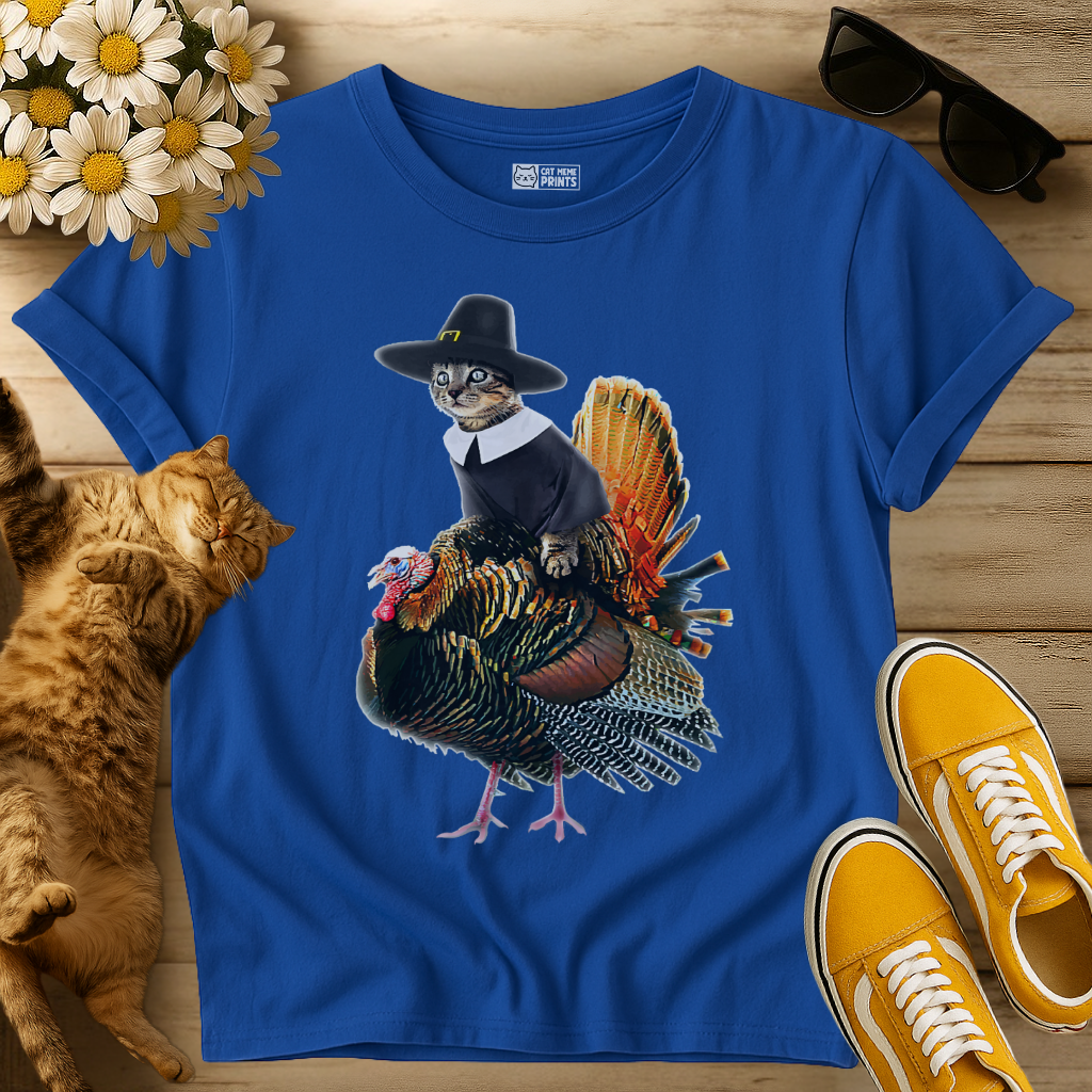 Cat Pilgrim Riding Turkey Thanksgiving T-Shirt