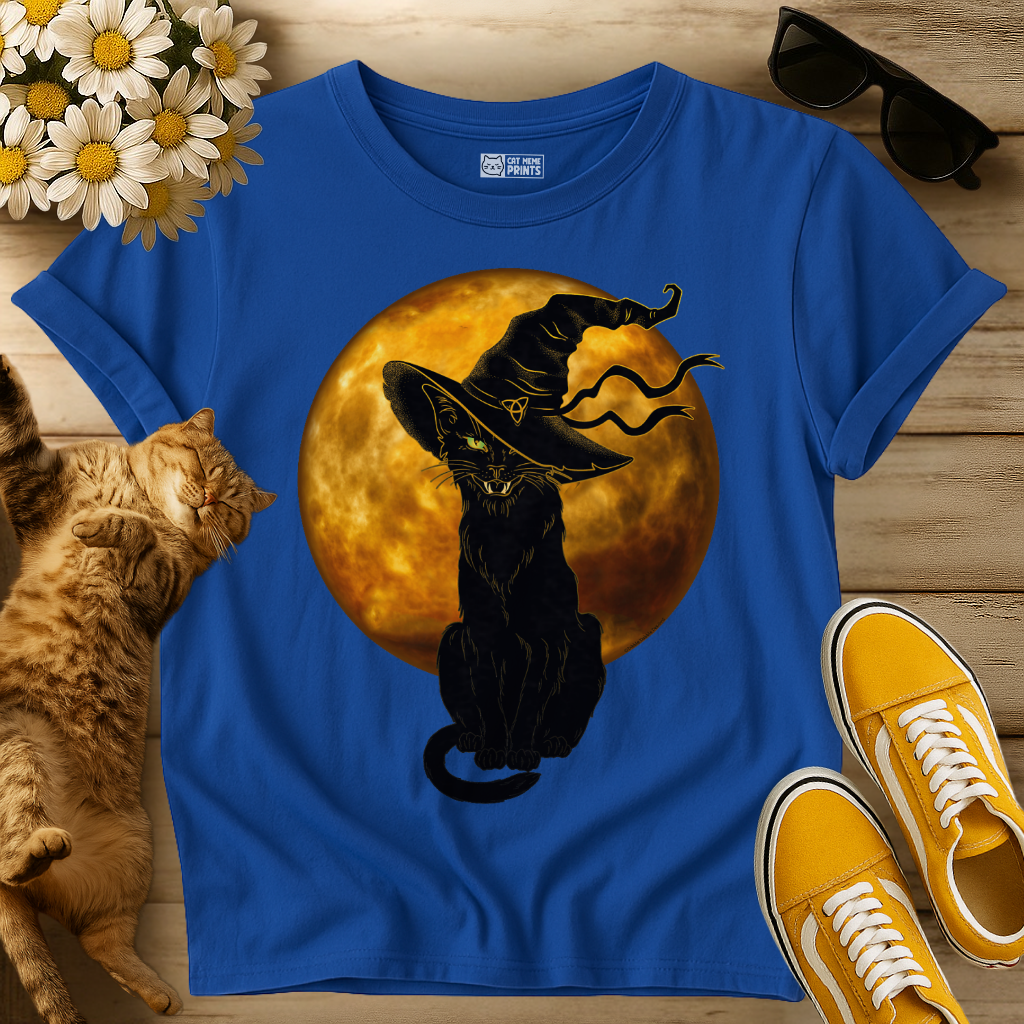 Scary Black Cat Witch Hat Moon T-Shirt