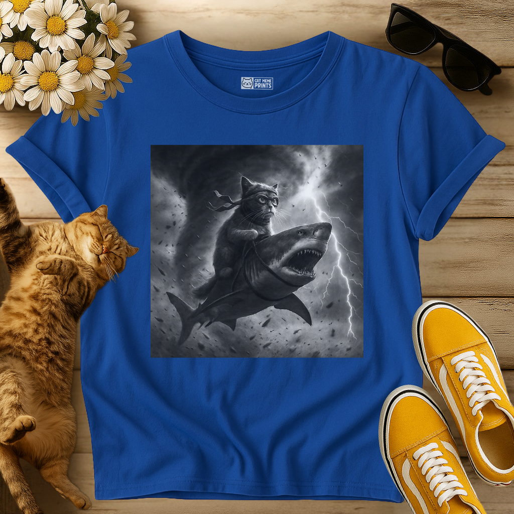 Cat Riding a Shark in Tornado Selfie T-Shirt