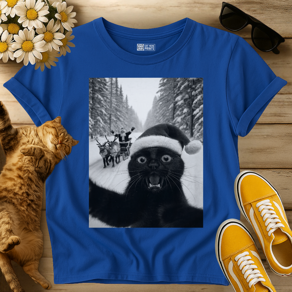 Black Cat Selfie with Santa T-Shirt