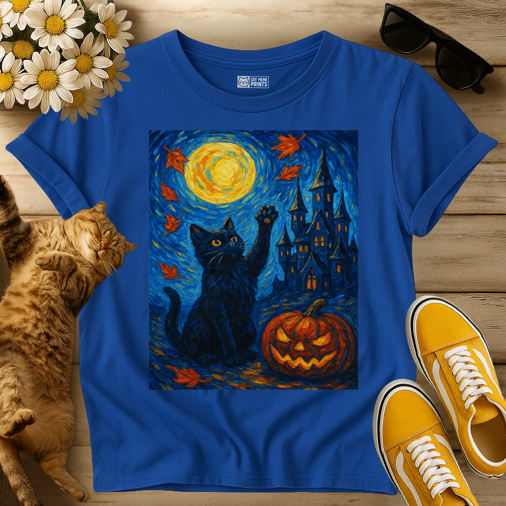 Black Cat Van Gogh Starry Night Halloween T-Shirt