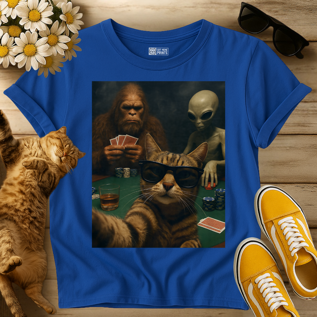 Cat Poker Selfie Bigfoot & Alien T-Shirt