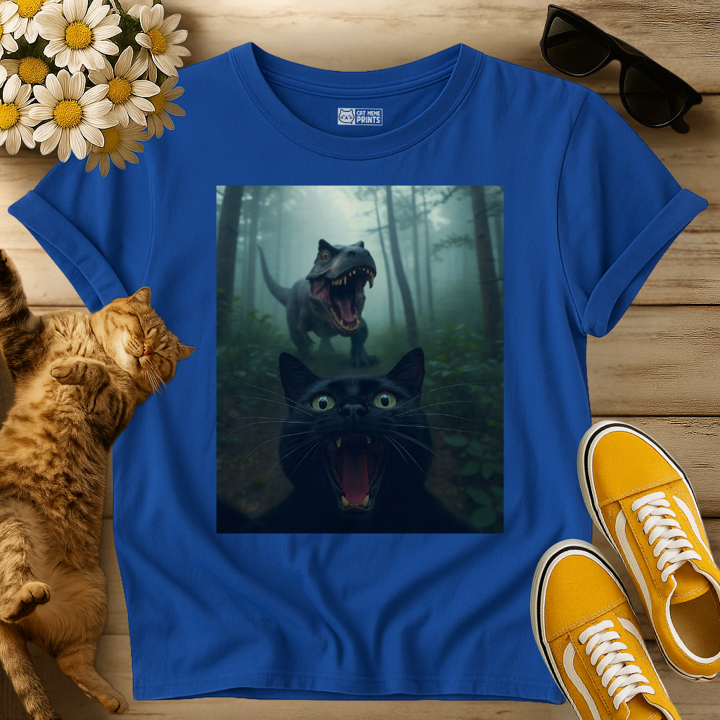 Black Cat Selfie with T-Rex T-Shirt