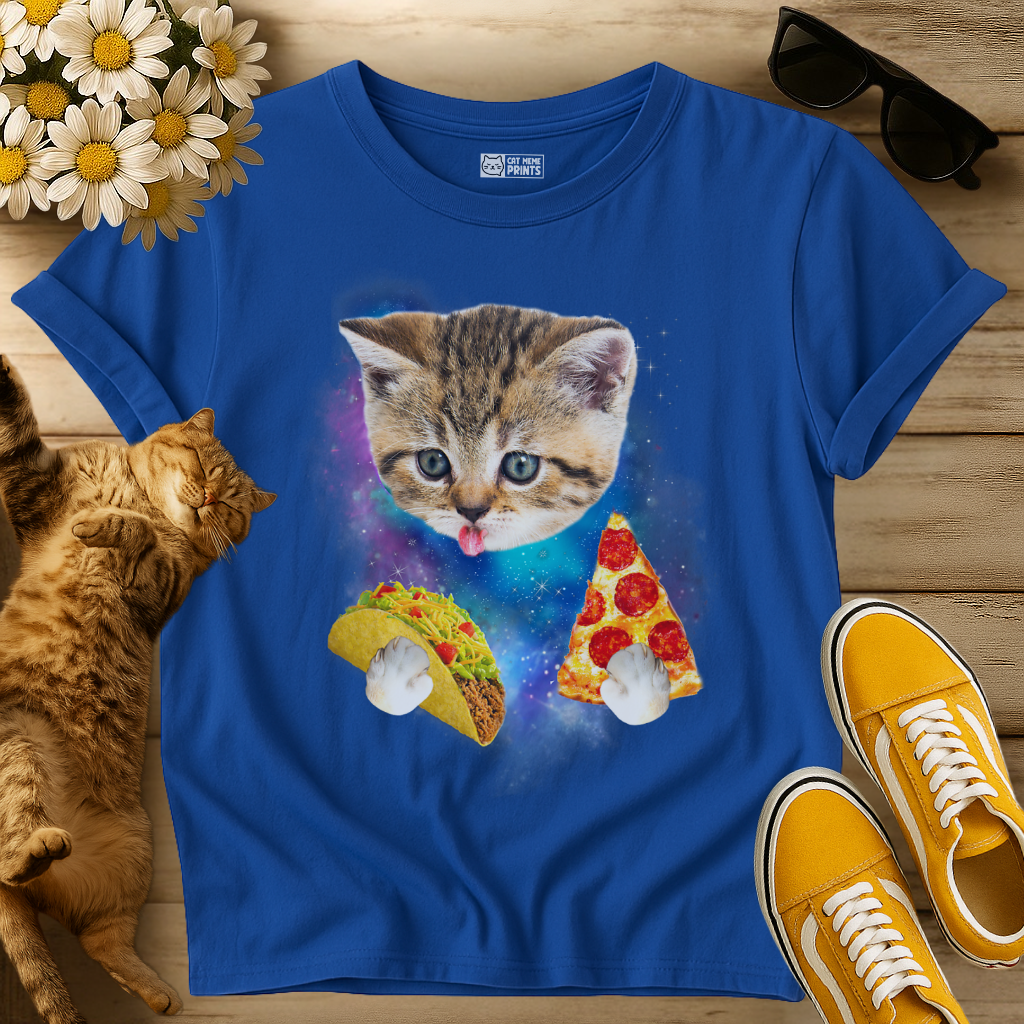Cat Eat Pizza & Taco in Galaxy Space T-Shirt