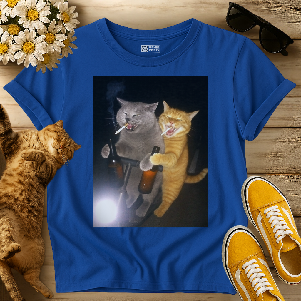 2 Cats Drinking and Smoking on Scooter T-Shirt