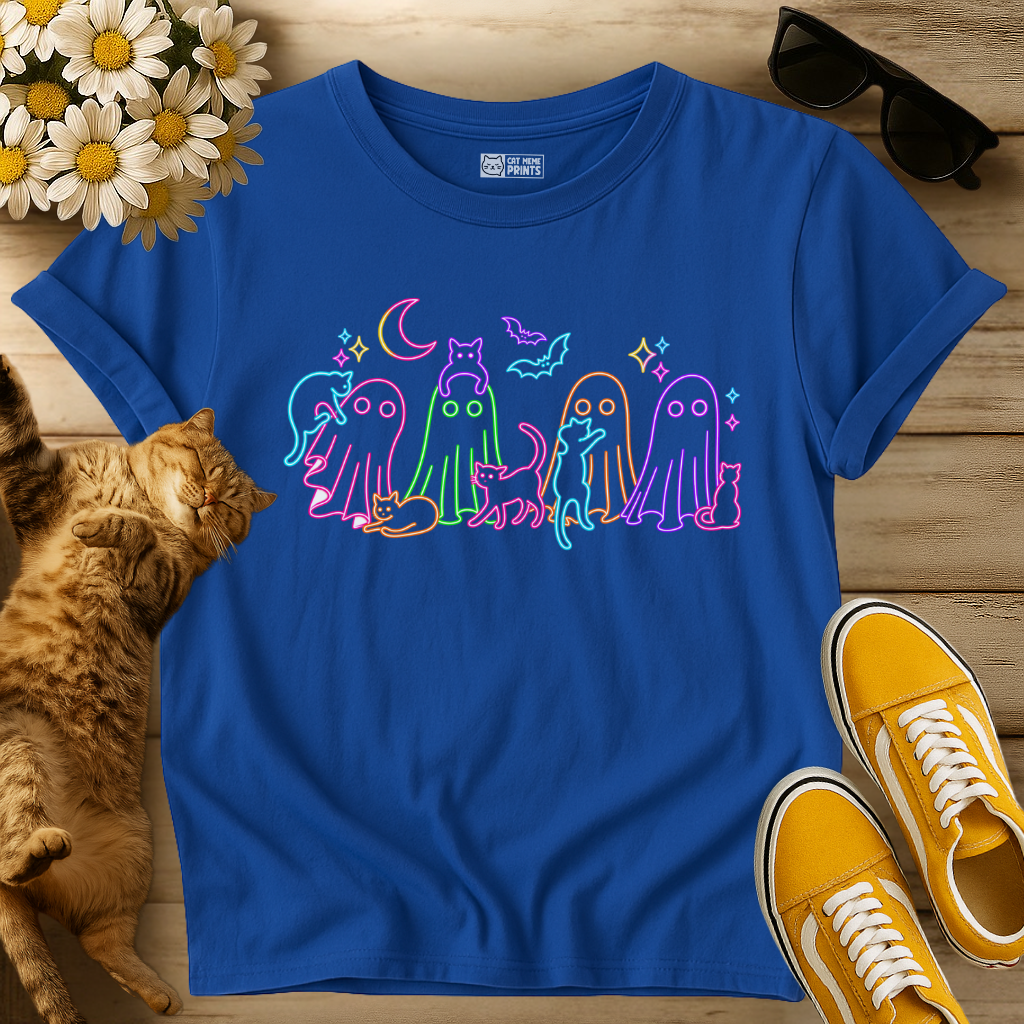 Neon Halloween Ghosts Cats T-Shirt