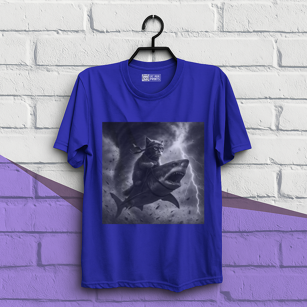 Cat Riding a Shark in Tornado Selfie Cat T-Shirt