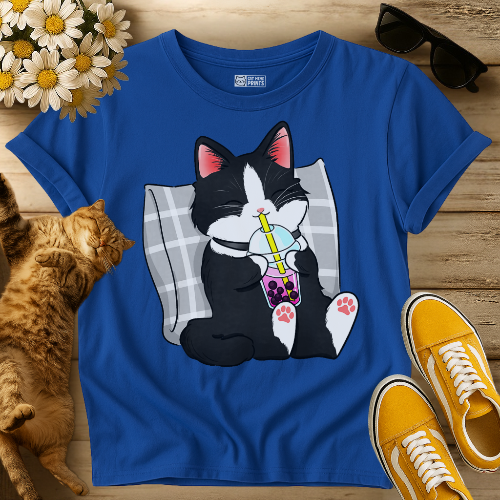 Tuxedo Cat Drinking Boba Milk Tea T-Shirt