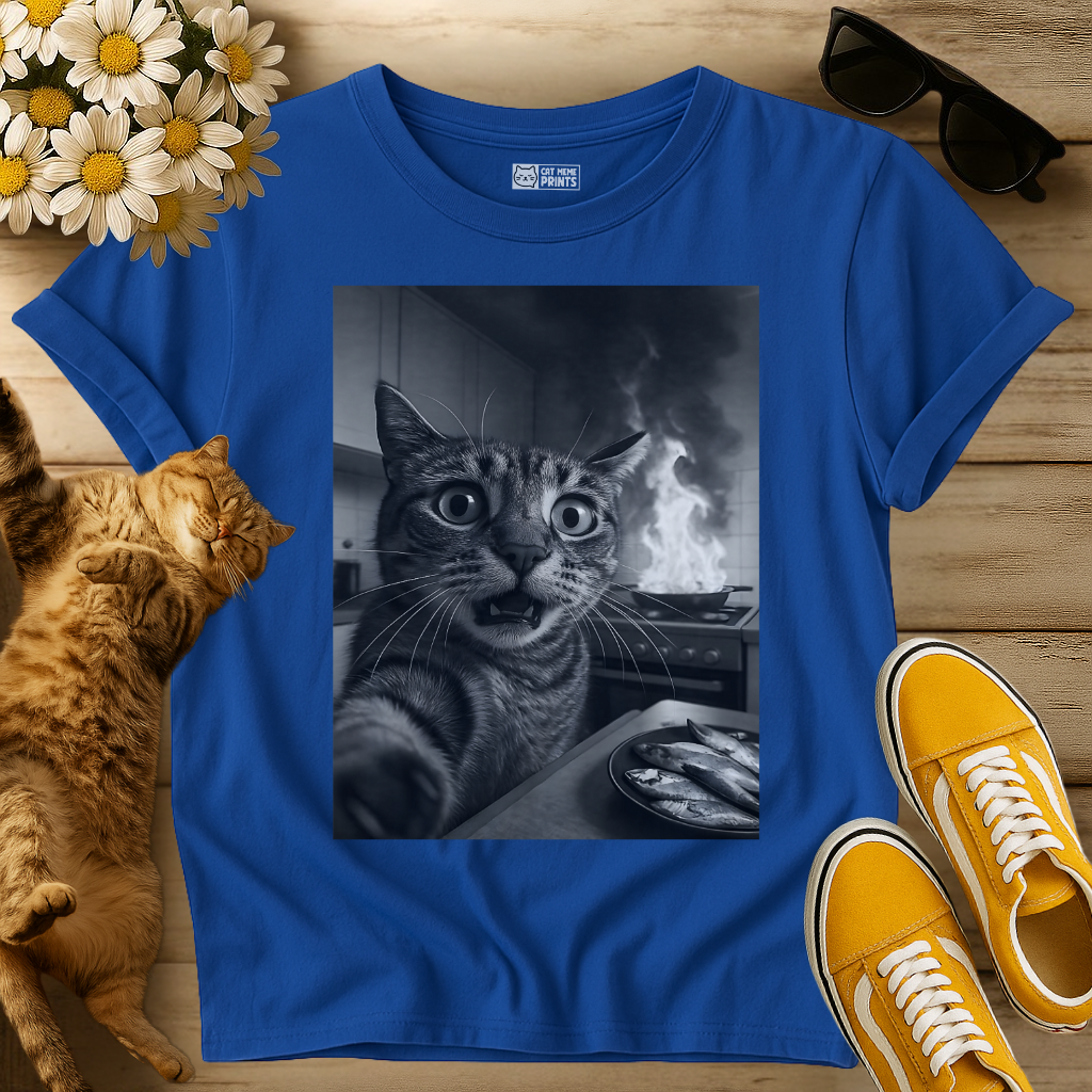 Cat Selfie with Burning Kitchen T-Shirt