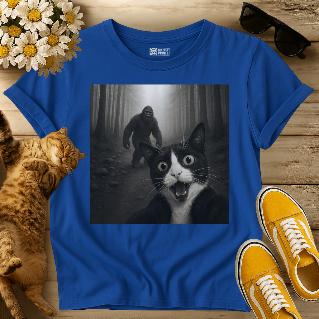 Tuxedo Cat Selfie with Bigfoot T-Shirt