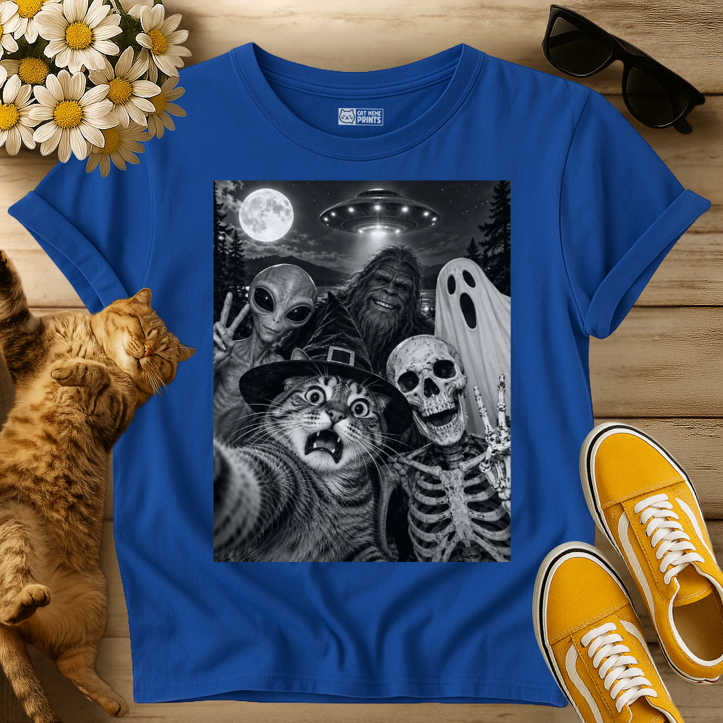 Cat Selfie Witch Skeleton Alien Bigfoot Ghost UFO T-Shirt