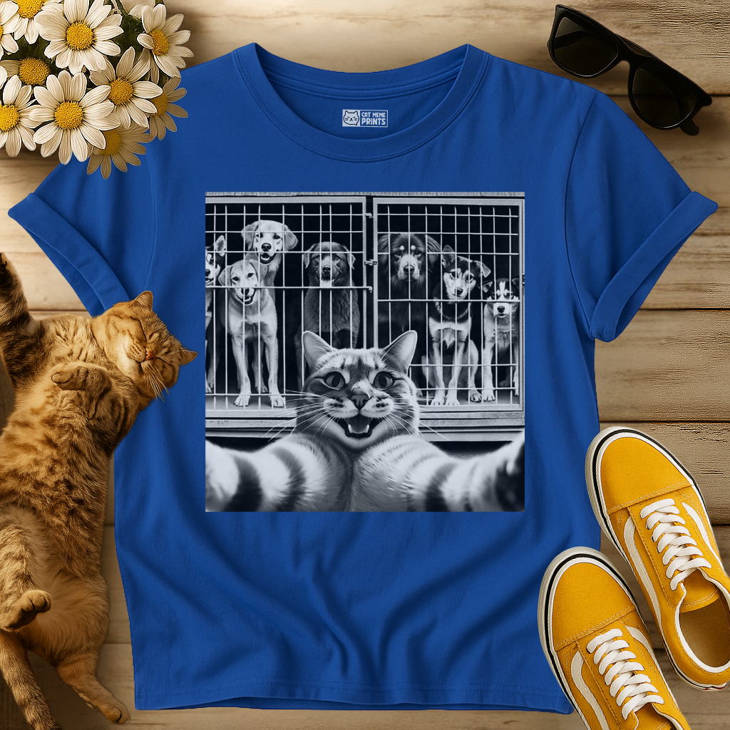 Cat Selfie with Dogs in a Cage T-Shirt