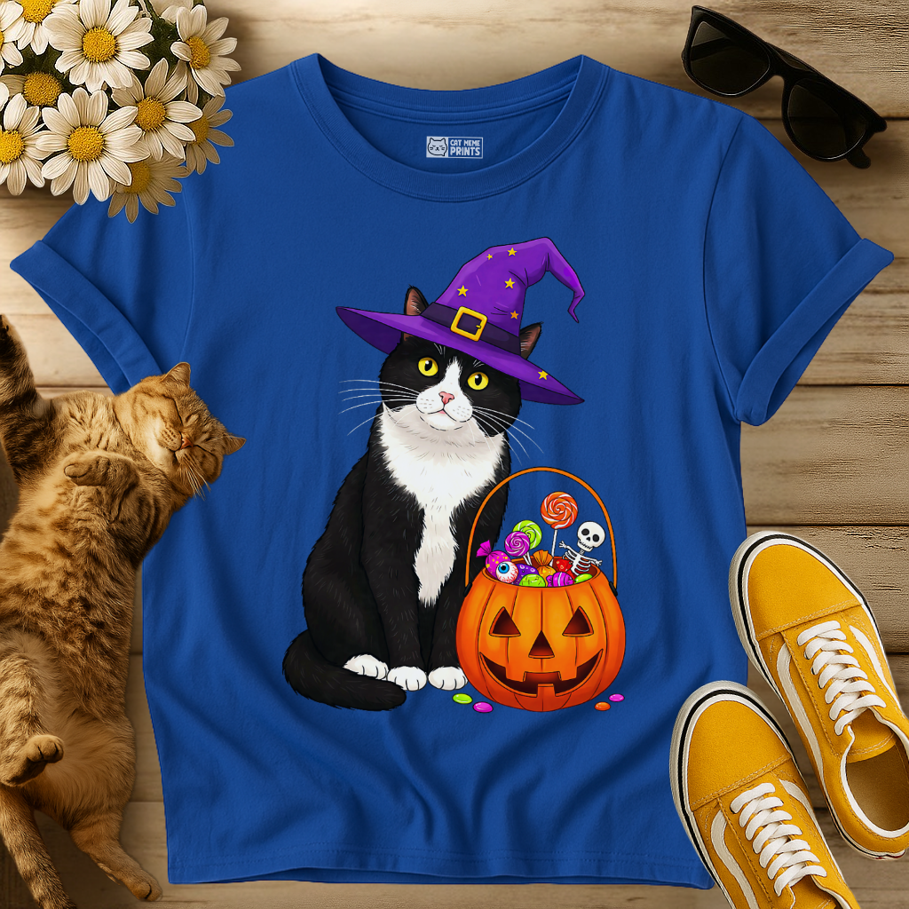 Witch Cat with Pumpkin Candy Basket T-Shirt