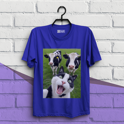 Cat Selfie With Black And White Cow T-Shirt