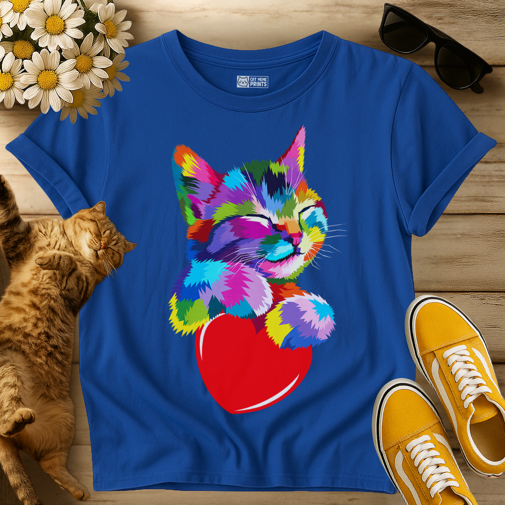Cute Kitty Hugging Heart Rainbow T-Shirt
