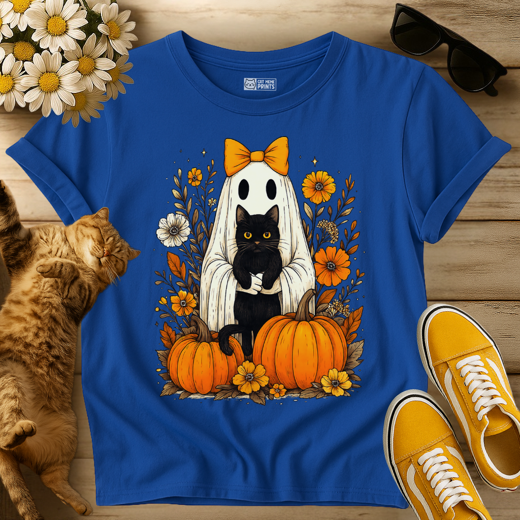 Ghost Holding Black Cat Floral T-Shirt