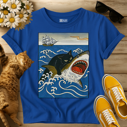 Black Cat Hunting Shark T-Shirt