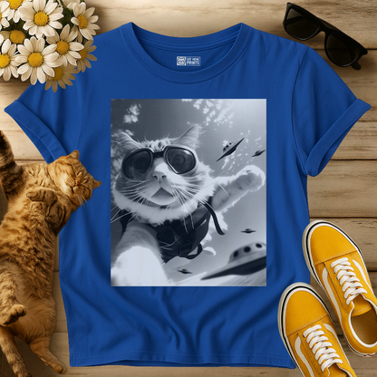 Skydiving Cat Selfie with Alien UFOs T-Shirt