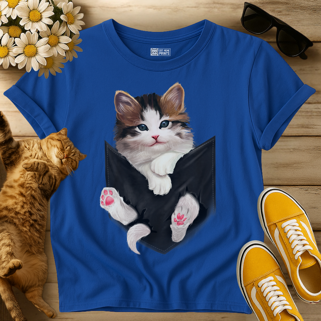 Cute White Kitty in Pocket T-Shirt