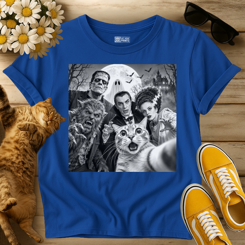 Cat Selfie with Horror Movie Monsters T-Shirt