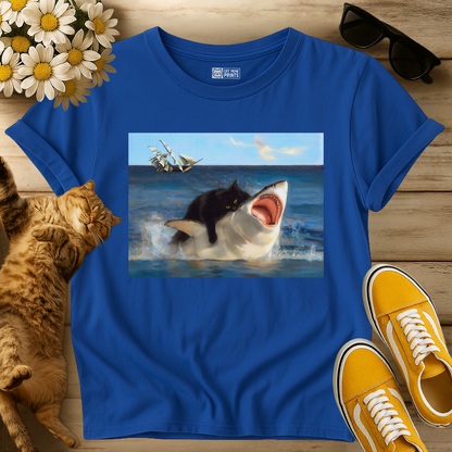 Black Cat Riding Shark Ocean T-Shirt