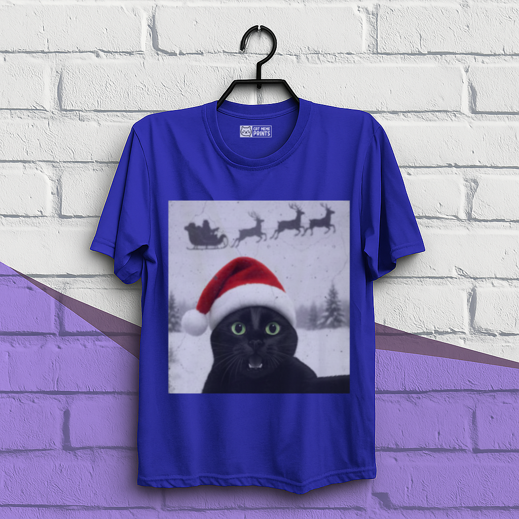 Black Cat Selfie with Santa Sleigh Christmas T-Shirt