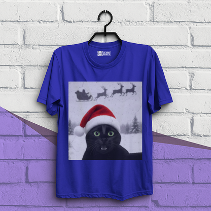 Black Cat Selfie with Santa Sleigh Christmas T-Shirt