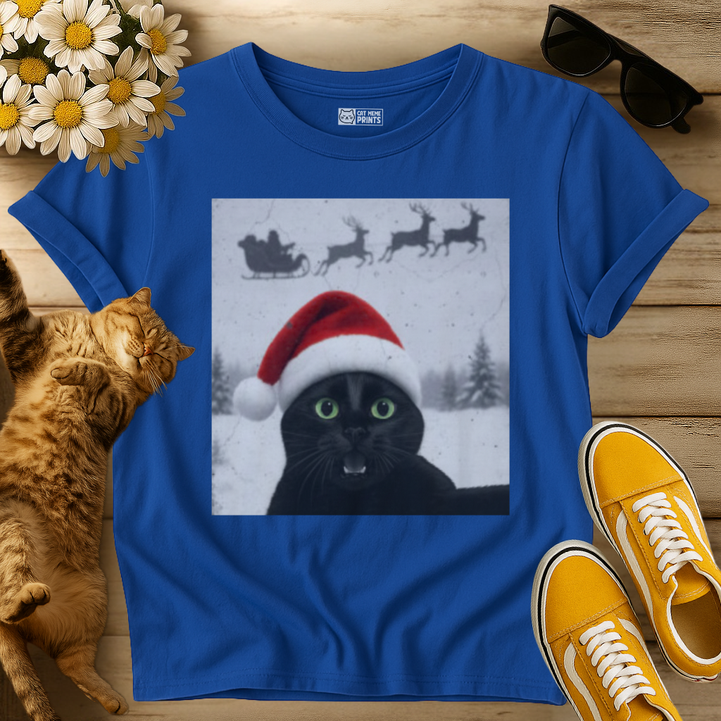 Black Cat Selfie with Santa Sleigh T-Shirt