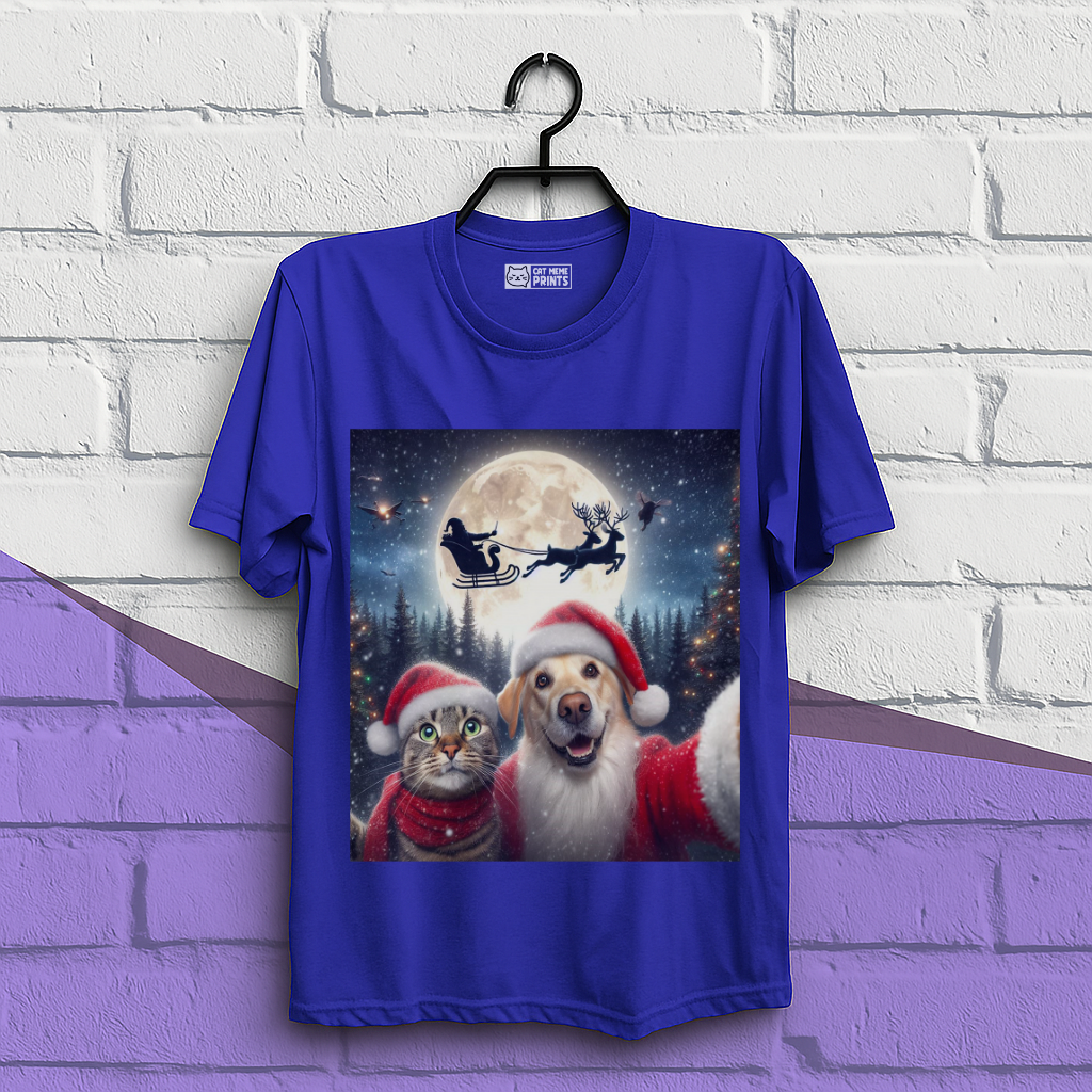 Cat and Dog Selfie with Santa Claus Christmas T-Shirt
