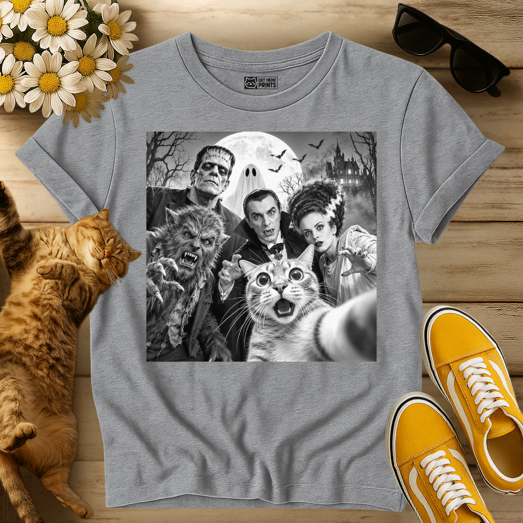 Cat Selfie with Horror Movie Monsters T-Shirt