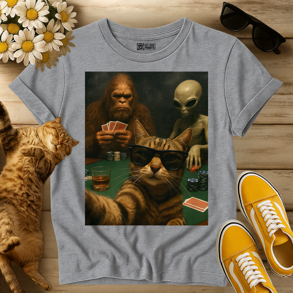 Cat Poker Selfie Bigfoot & Alien T-Shirt