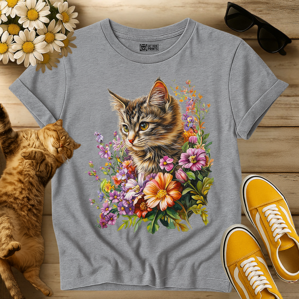 Cute Kitten Floral Graphic T-Shirt