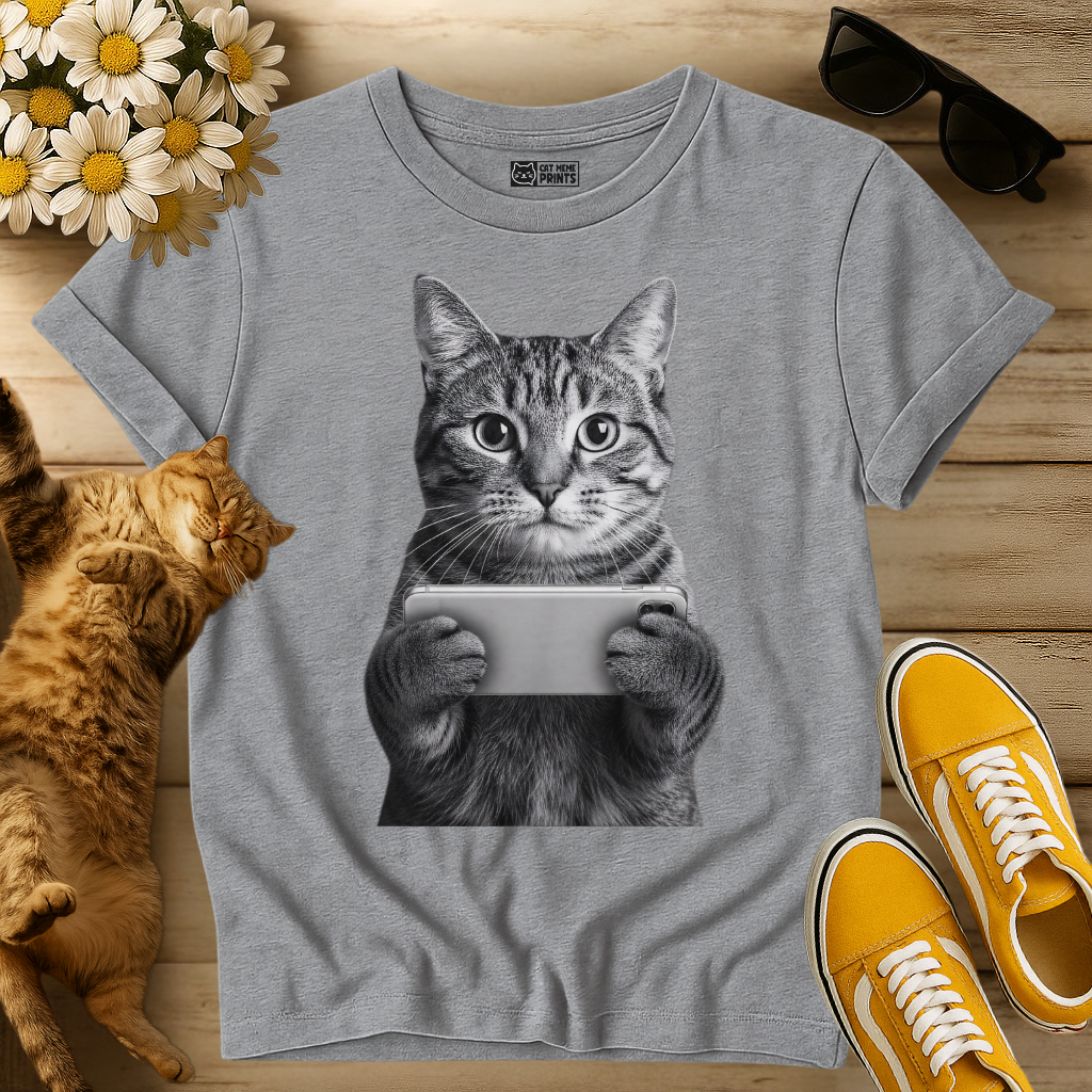 Tabby Cat Holding a Phone T-Shirt