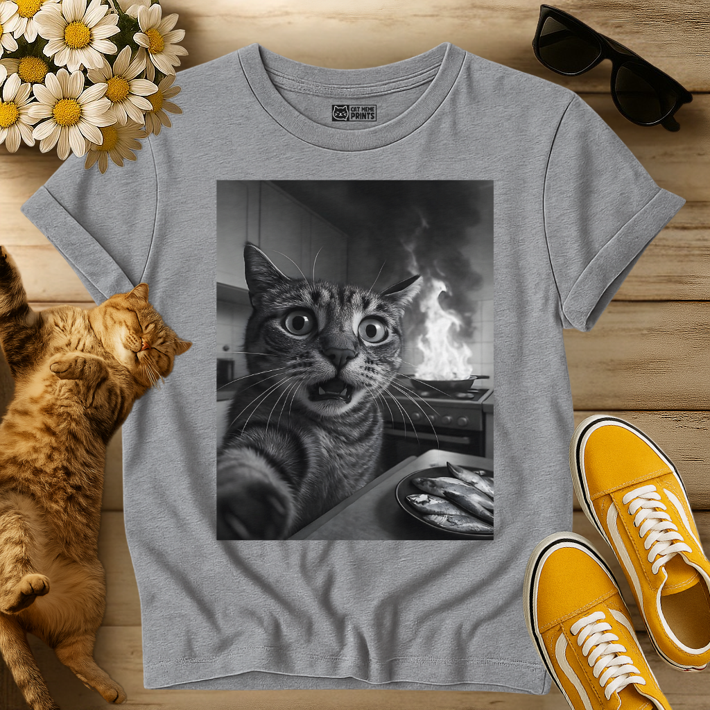 Cat Selfie with Burning Kitchen T-Shirt
