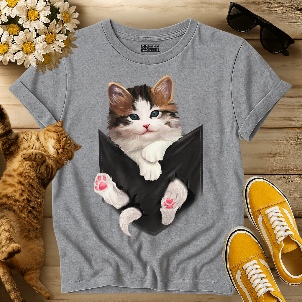 Cute White Kitty in Pocket T-Shirt