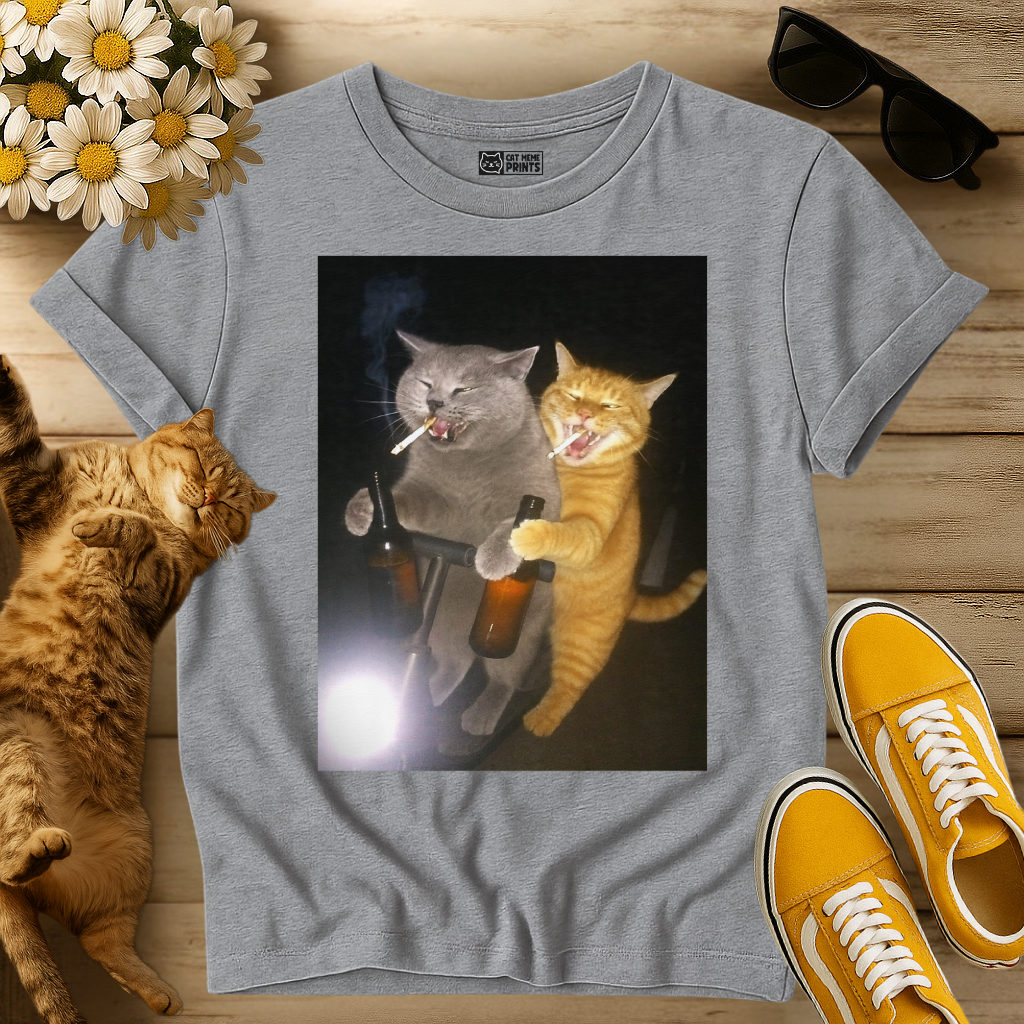 2 Cats Drinking and Smoking on Scooter T-Shirt