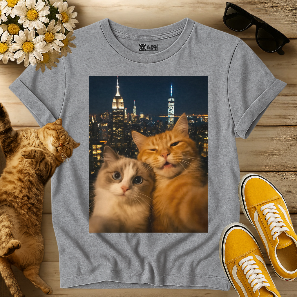 Cute Couple Cats Selfie City Lights T-Shirt