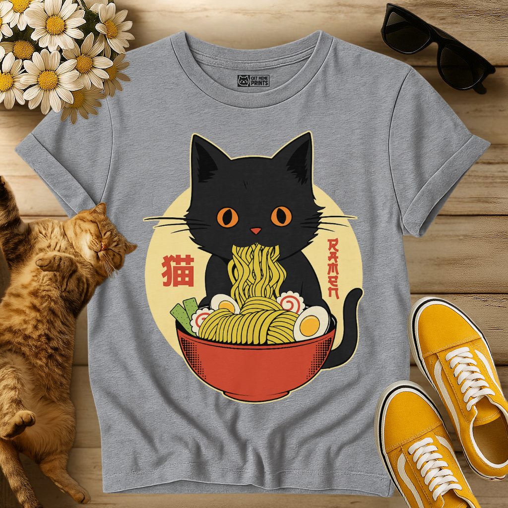 Kawaii Cat Eating Ramen Noodles T-Shirt