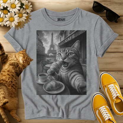 Paris Cat Selfie Eating Croissant by Eiffel Tower T-Shirt
