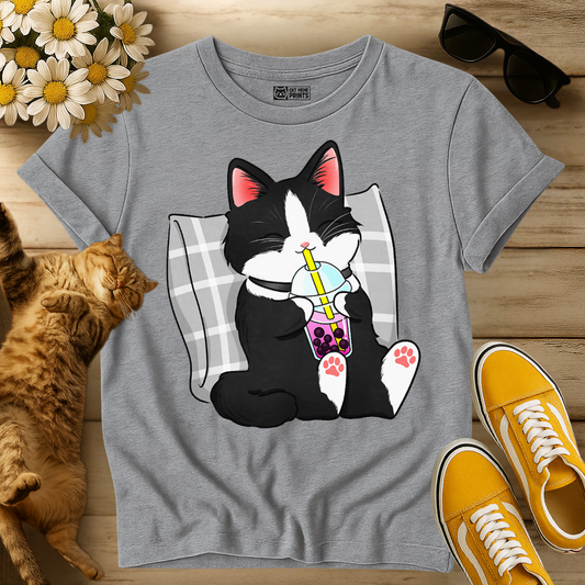 Tuxedo Cat Drinking Boba Milk Tea T-Shirt