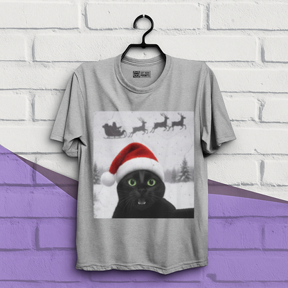 Black Cat Selfie with Santa Sleigh Christmas T-Shirt
