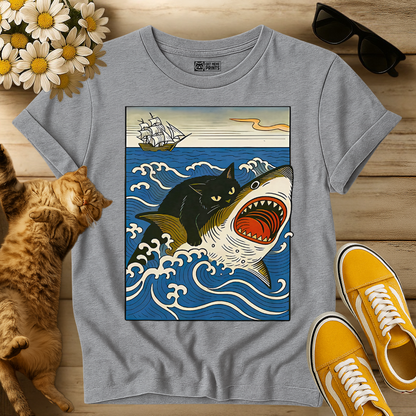 Black Cat Hunting Shark T-Shirt