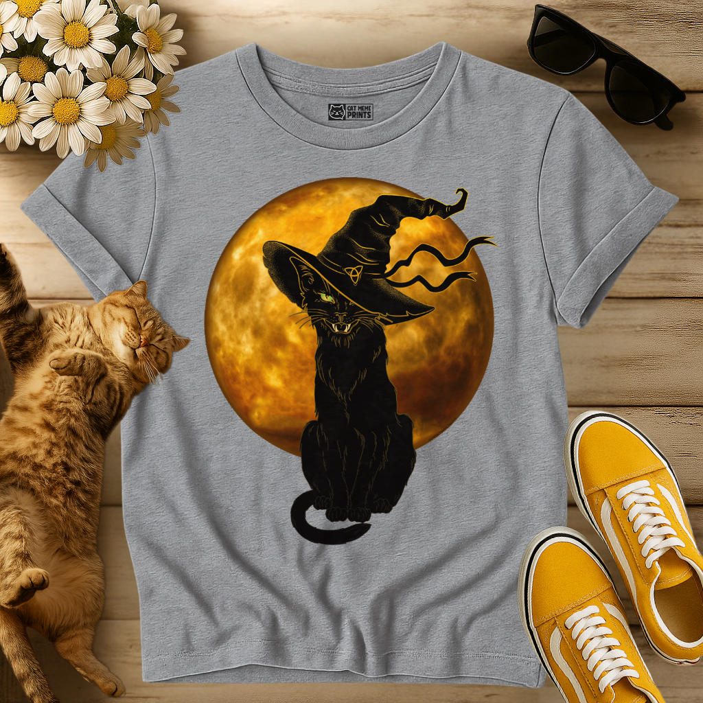 Scary Black Cat Witch Hat Moon T-Shirt